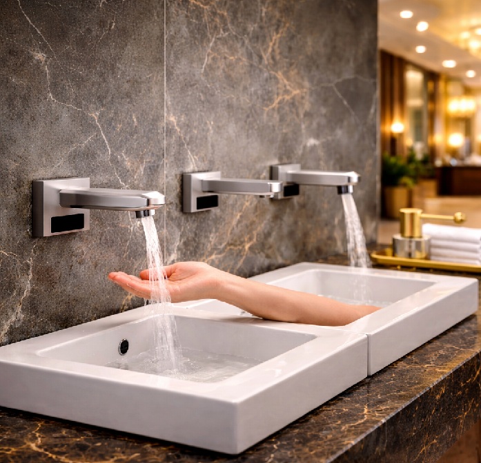 Wall-mount touchless faucets collection for commercial restroom design